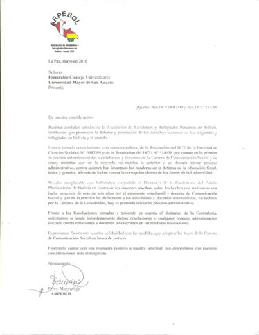 Pronunciamiento de la Asociación de Residentes y Refugiados Peruanos en Bolivia